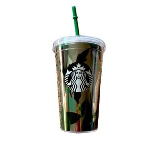 STARBUCKS 2020 NWOT Silver w/Green leaves Tumbler16fl oz w/ClearLid & GreenStraw